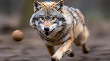 Aufkleber - Focused wolf runs towards the viewer on blurred brown background. The canid predator with alert eyes and visible teeth exudes dynamism, perfect for illustrating wildlife or nature related themes