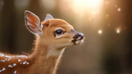 Aufkleber - Close up of a fawn with white spots, the fawn is looking to the right. The fawn has speckles of what appears to be snow on its nose and mouth. The background is blurred in brown and green. The