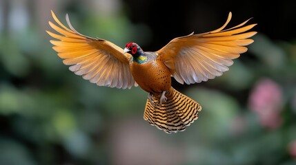 Poster - Close up shot of a vibrant pheasant in flight with a bokeh background. The bird's wings are fully spread, displaying its detailed and colorful plumage in warm tones against the out-of-focus natural
