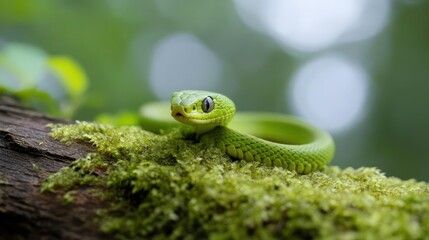 Poster - Close-up shot of a bright green viper snake coiled on a mossy branch, showcasing its vibrant color and intricate scales. The background is softly blurred with natural green tones