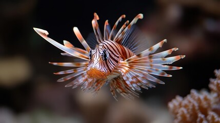 Poster - Close up of a red lionfish displaying its intricate patterns and feathery fins against a blurred background of coral. The shot highlights the fish's vibrant colors and unique form in its natural