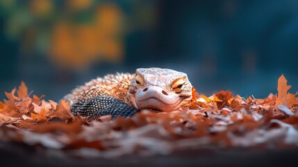 Leinwandbilder - Close-up of a reptile nestled among fallen autumn leaves. The reptile, showcasing hues of orange and brown, peers forward with a blurred backdrop of foliage and blue. Focus on texture and color