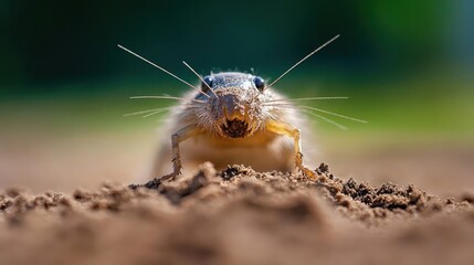 Poster - A close-up shot of a gopher emerging from a mound of dirt, its fur detailed in shades of tan and brown against a blurred green background, focused on its face with long whiskers and prominent teeth