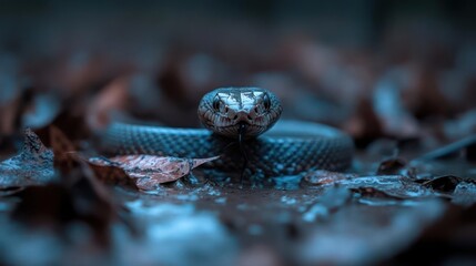 Leinwandbilder - A snake with its body coiled is positioned in a puddle, surrounded by fallen leaves. The snake's head is in focus, with its scales and eyes visible, creating a wildlife and nature scene