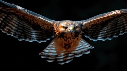 Fototapete - Captured in sharp detail, a hawk soars against a stark black background. Its patterned brown and white plumage is on full display, wings spread wide as it gazes forward, radiating intensity and
