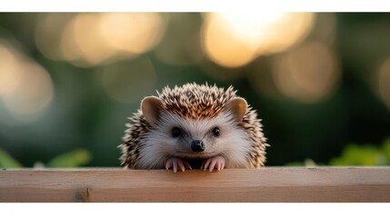 Aufkleber - Close up of a small hedgehog peering over a light brown wooden fence. The background shows soft out of focus bokeh highlights and green foliage. The scene is bathed in soft warm light, emphasizing