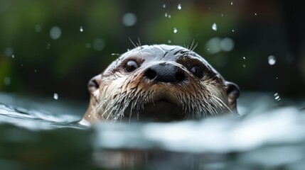 Poster - A close-up shot captures an otter swimming in murky green water. The otter's head is visible above the water's surface, with droplets cascading around it. The background features blurred green