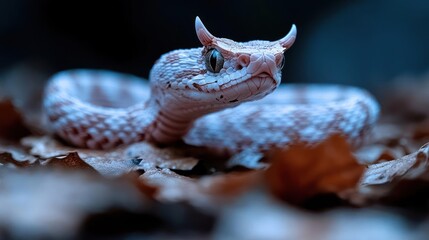 Poster - Close-up shot showcasing a pale horned viper amidst fallen leaves with a dark background. Its body is coiled, and the environment is illuminated with cool lighting