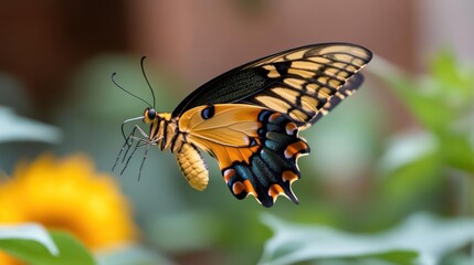 Aufkleber - Close up of a butterfly with wings displaying yellow, black, and orange coloration, captured in mid-flight against a softly blurred background of green leaves and a partially visible yellow flower