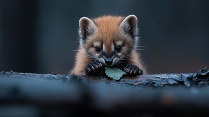 Poster - Close up of a wild brown sable holding a green leaf on a wet log against a blurred dark background. The lighting is soft, accentuating the sable's expressive face and the texture of its fur