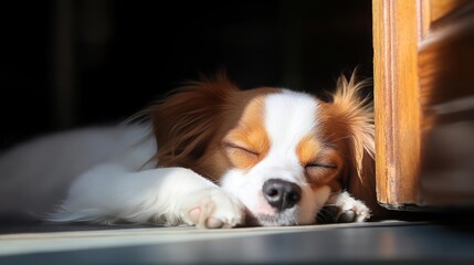 Leinwandbilder - Close up portrait of a sleeping dog, sun bathed on a wooden floor with dark background, showcasing white fur and tan markings, emphasizing domestic tranquility, capturing the relaxed mood of pet