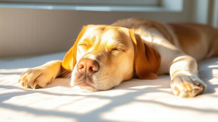 Poster - Close-up of a sleeping golden beagle with long ears on a white surface under bright sunlight creating sharp shadows, showcasing a peaceful, restful moment with a warm, inviting light
