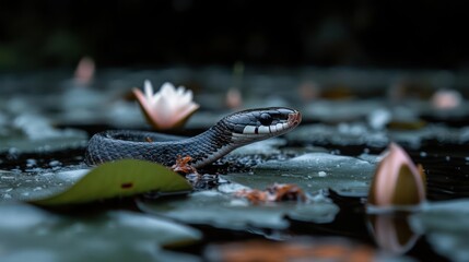 Poster - A black snake with white markings slithers across lily pads in a dark pond, with pink water lilies adding a touch of color. The scene is captured with a shallow depth of field, focusing on the
