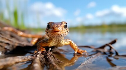 Poster - Extreme close-up of a wet, orange-brown newt crawling in shallow water near the shore under a sunny blue sky. The newt's face is in focus, and the background features water, sky, and blurred
