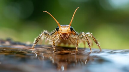 Poster - Close-up shot of a brown, yellow, and black arthropod with long antennae and delicate legs covered in tiny droplets on a reflective wooden surface with a blurry green and white background