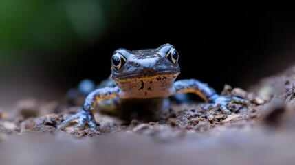 Poster - Detailed close-up of a small amphibian with blue limbs and yellow underbelly, positioned on earthen ground against a blurred green and dark backdrop. The reptile, centrally focused, displays