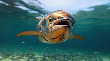 Aufkleber - A captivating close-up of a large silver and blue fish, its scales shimmering in the light, surrounded by a school of smaller fish in clear turquoise waters. The fish stares directly at the camera