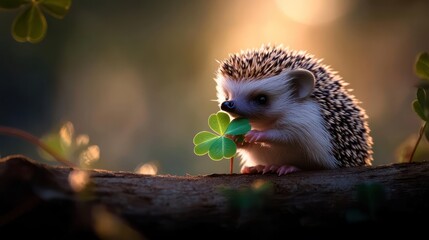 Poster - Close up of a adorable hedgehog perched on a tree branch, tenderly holding a green clover in its mouth. The soft, warm light bathes the scene, creating a heartwarming and enchanting moment in nature