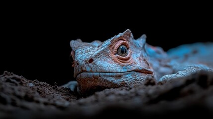 Poster - Close-up shot captures a lizard with rough, textured skin in shades of blue and gray. Its eye is visible, resting on dark soil against a black background, creating contrast and highlighting details