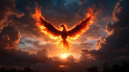 Poster - Dramatic digital artwork featuring a phoenix ablaze in fiery orange and red, wings fully extended against a backdrop of a sunset sky filled with dark, textured clouds. The phoenix dominates the