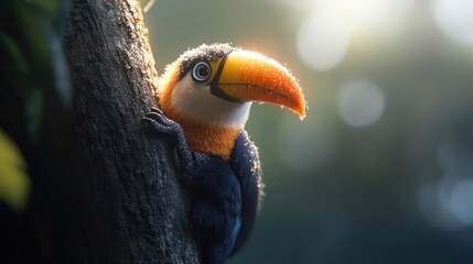 Poster - Close up of a Colorful toucan perched on a tree branch with sunlight illuminating its feathers. The bird is vibrant and detailed, with soft, blurred background, emphasizing its presence in the