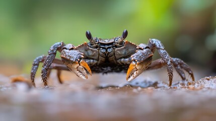 Aufkleber - A close-up shot of a crab, showcasing its textured exoskeleton, orange claws, and dark eyes, set against a blurred green and brown backdrop. The image captures the crab's natural environment and