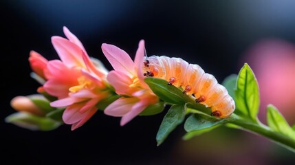 Aufkleber - Close up of a vibrant orange caterpillar crawling on a lush green plant stem with delicate pink flowers in bloom, set against a blurred dark background, highlighting the intricate details of the