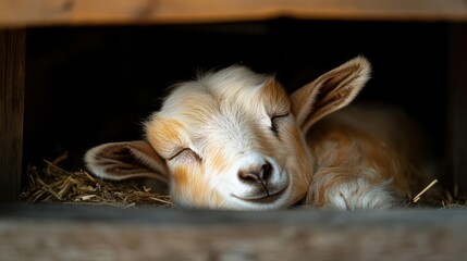 Poster - A close-up shot of a sleeping goat with its eyes closed, resting comfortably inside a wooden structure filled with hay. The goat's light fur and serene expression create a peaceful and heartwarming
