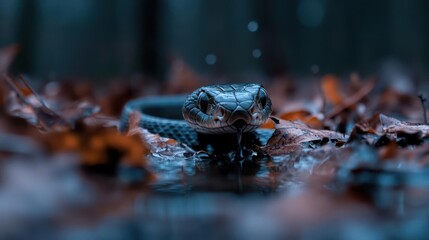 Aufkleber - Dramatic low angle shot of a black snake emerging from a shallow pool surrounded by fallen leaves under moody lighting. The snake's head is in focus, highlighting its scales, with a blurred