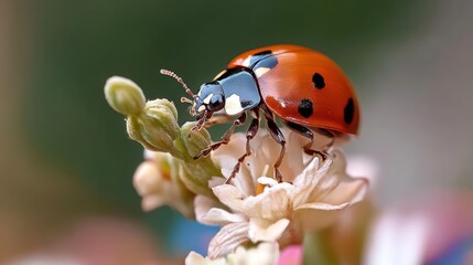 Aufkleber - Close-up captures a ladybug, its red shell dotted with black spots, perched on a delicate flower with a bokeh background. The scene is brightly lit, highlighting the intricate details of the insect