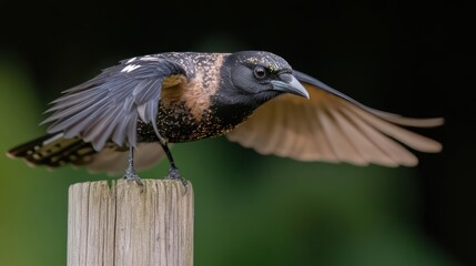 Poster - A striking close-up captures a brown and black bird perched on a weathered wooden post. It's wings are spread wide, and speckled plumage and a sharp beak are highly visible. Soft, natural light