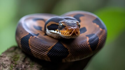 Aufkleber - A close up of a ball python coiled on a branch. Its scales are patterned in brown, black, and orange. The snake's head is prominently featured, with a focus on its intricate scale patterns and