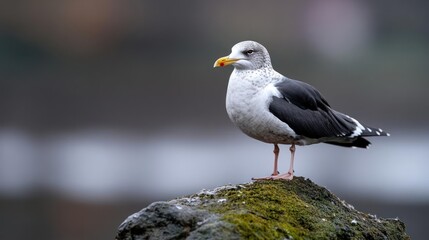 Poster - Majestic seagull perched on a mossy rock, detailed feathers, yellow beak, blurred background. The bird is the central focus in sharp detail, highlighting nature's simple beauty against a natural