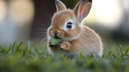 Poster - Close-up of a small, light brown rabbit sitting in green grass, eating a leaf. The background is soft and blurred, emphasizing the rabbit in a natural outdoor setting, bathed in gentle light