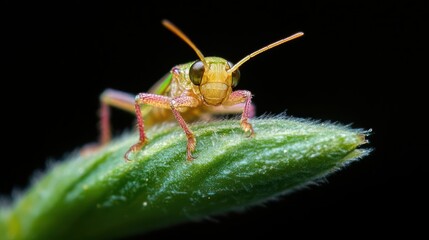 Poster - Detailed close-up of a grasshopper perched atop a vibrant green leaf against a stark black background, showcasing intricate textures and minute details of the insect and foliage in sharp focus