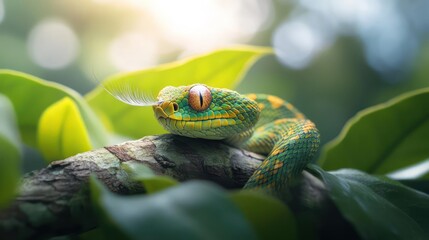 Aufkleber - Close up shot of a vibrant green and yellow snake perched on a tree branch surrounded by lush foliage, capturing its intricate scales and intense gaze. Bokeh effect creates a soft, natural