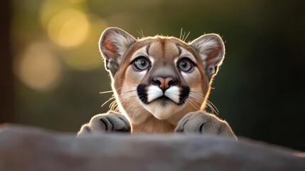 Aufkleber - Close-up shot of a mountain lion cub with its paws resting on a rock against a blurred bokeh background. The cub features light brown fur and distinct facial markings, catching the light, creating a