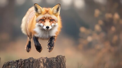 Poster - A sharp studio shot captures a vibrant red fox mid-leap from a tree stump, its fur detailed and eyes focused. The background, a soft gradient of autumn hues, complements the fox's dynamic pose