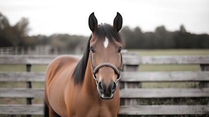 Fototapete - A stunning, brown horse stands confidently behind a weathered wooden fence, its dark mane contrasting beautifully with its coat and a striking white mark on its forehead. The soft, muted tones of the