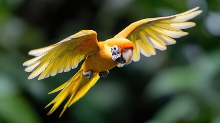 Poster - A vibrant yellow macaw soars through the air, wings fully extended, set against a soft-focus backdrop of lush green foliage. The parrot exhibits a blend of yellow and orange hues on its feathers