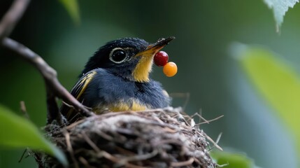 Poster - Close-up shot of a small bird with black, yellow, and gray feathers perched in a woven nest with berries in its beak against a blurred leafy background, captured in natural light