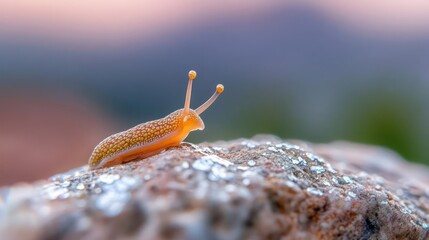 Aufkleber - A detailed close up shot of a small yellow slug crawling on a rough rock surface covered in mineral deposits, set against a blurred backdrop of soft blue and pink sky in the background