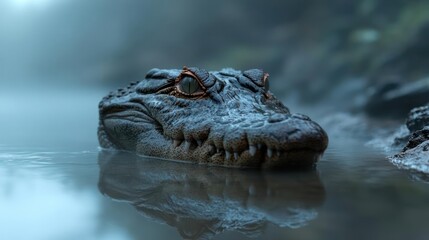 Aufkleber - Close-up of an alligator's head in murky water under a misty backdrop. The alligator's eyes stand out with a reddish hue. Ripples disturb the water's surface, reflecting the hazy environment