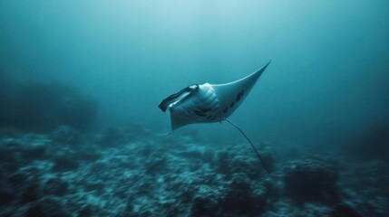 Poster - Underwater shot featuring a manta ray gliding gracefully through turquoise water, with a rocky ocean floor visible below, creating a serene aquatic scene with natural light