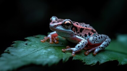 Aufkleber - A vibrant orange frog speckled with black rests on a vivid green leaf against a dark background. The detailed focus highlights the frog's texture and the leaf's intricate venation, capturing a moment