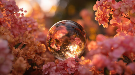 Wall Mural - a reflective glass sphere placed in a vibrant coral blossom garden, saturated coral and peach tones,