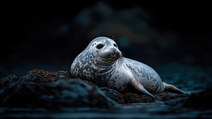Aufkleber - A harbor seal lounges on dark, mossy rocks, its mottled gray and white fur contrasting with the shadowy background. The seal's attentive gaze and relaxed posture capture a tranquil moment in a