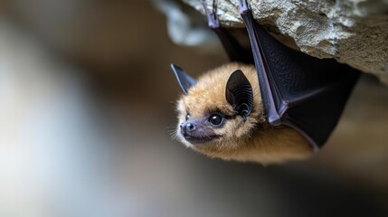 Poster - Close up of a small furry brown bat roosting upside down in a rocky cave, bathed in soft light.  Features a shallow depth of field, highlighting the bat's face and textured wings against a blurred