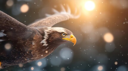 Aufkleber - A majestic golden eagle soars against a blurred background of light bokeh. The eagle's brown and white feathers are detailed, with a sharp yellow beak visible in the sunlight, creating a scene of