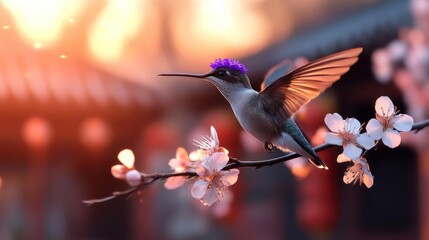 Poster - Close up of a hummingbird perched on a blossoming branch against a backdrop of traditional red and white architecture, capturing the bird in vivid detail with soft lighting and bokeh effects